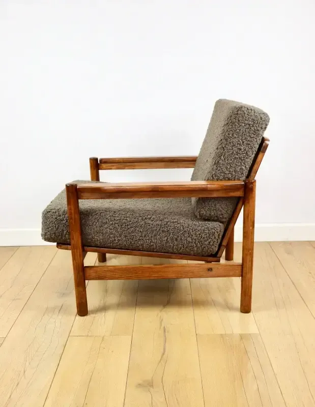 Wooden Armchair Designed By Z. Baczyk, Vintage Brown, Chocolate Brown, Boucle Lamb photo 422.0