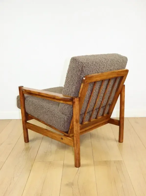 Wooden Armchair Designed By Z. Baczyk, Vintage Brown, Chocolate Brown, Boucle Lamb photo vinterior