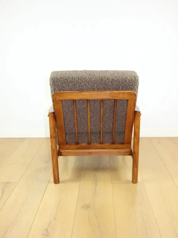 Wooden Armchair Designed By Z. Baczyk, Vintage Brown, Chocolate Brown, Boucle Lamb photo buy