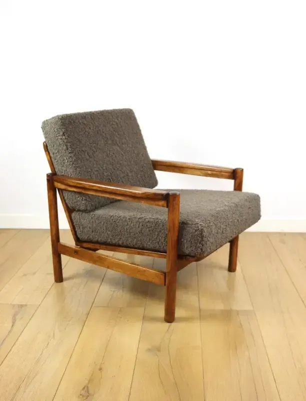 photo for sale Wooden Armchair Designed By Z. Baczyk, Vintage Brown, Chocolate Brown, Boucle Lamb