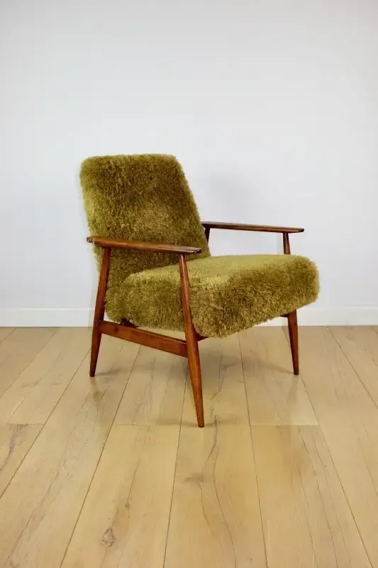 Furniture Lis Armchair, 1970s Brown Vintage Khaki / Olive Long Hair Rudy Boucle Design Henryk Lis   2 Pieces Available photo