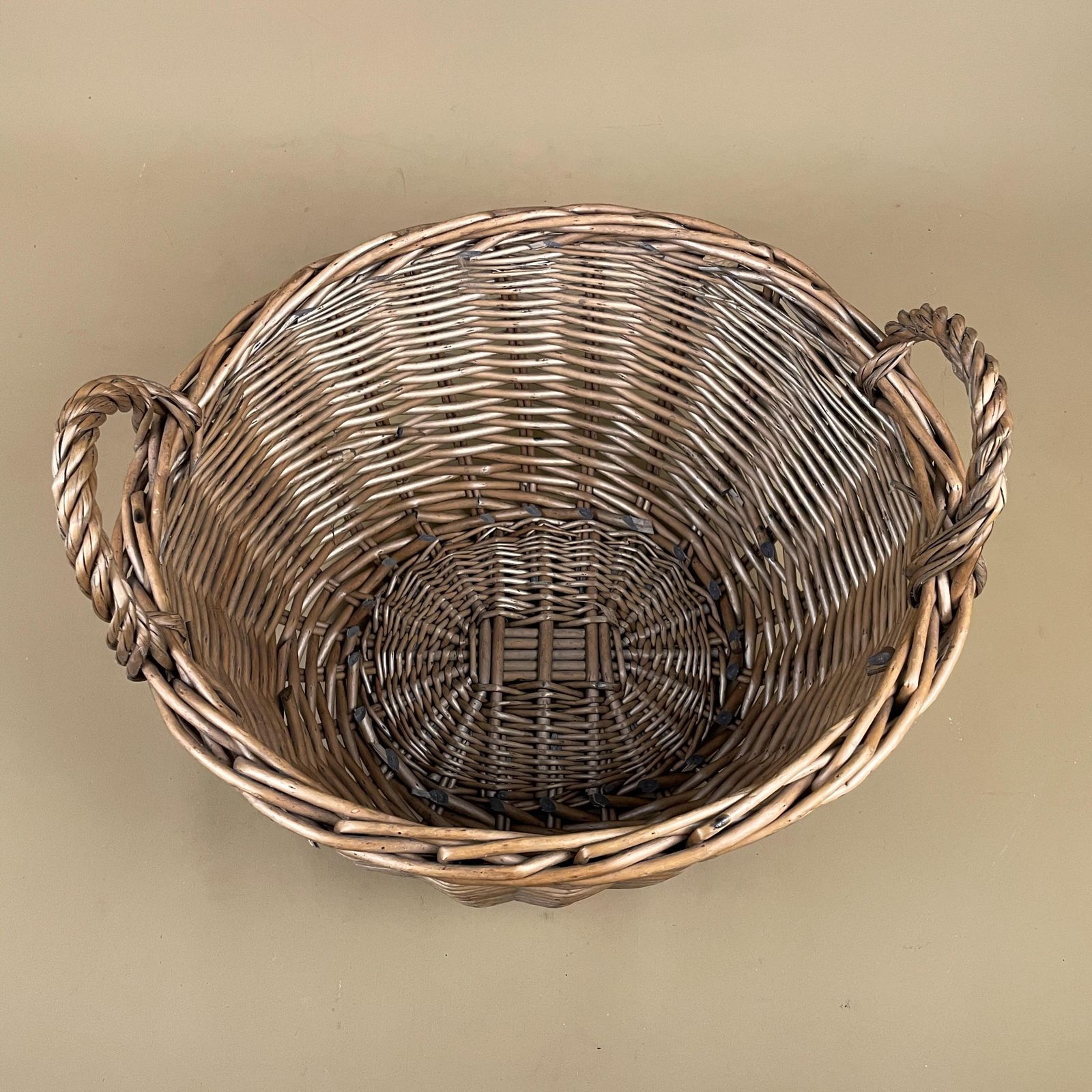 Oval Basket Woven Wicker Handles Log Storage Laundry Carrier Cottage Farmhouse Vintage Antique Handmade Old Traditional Round Medium photo for sale