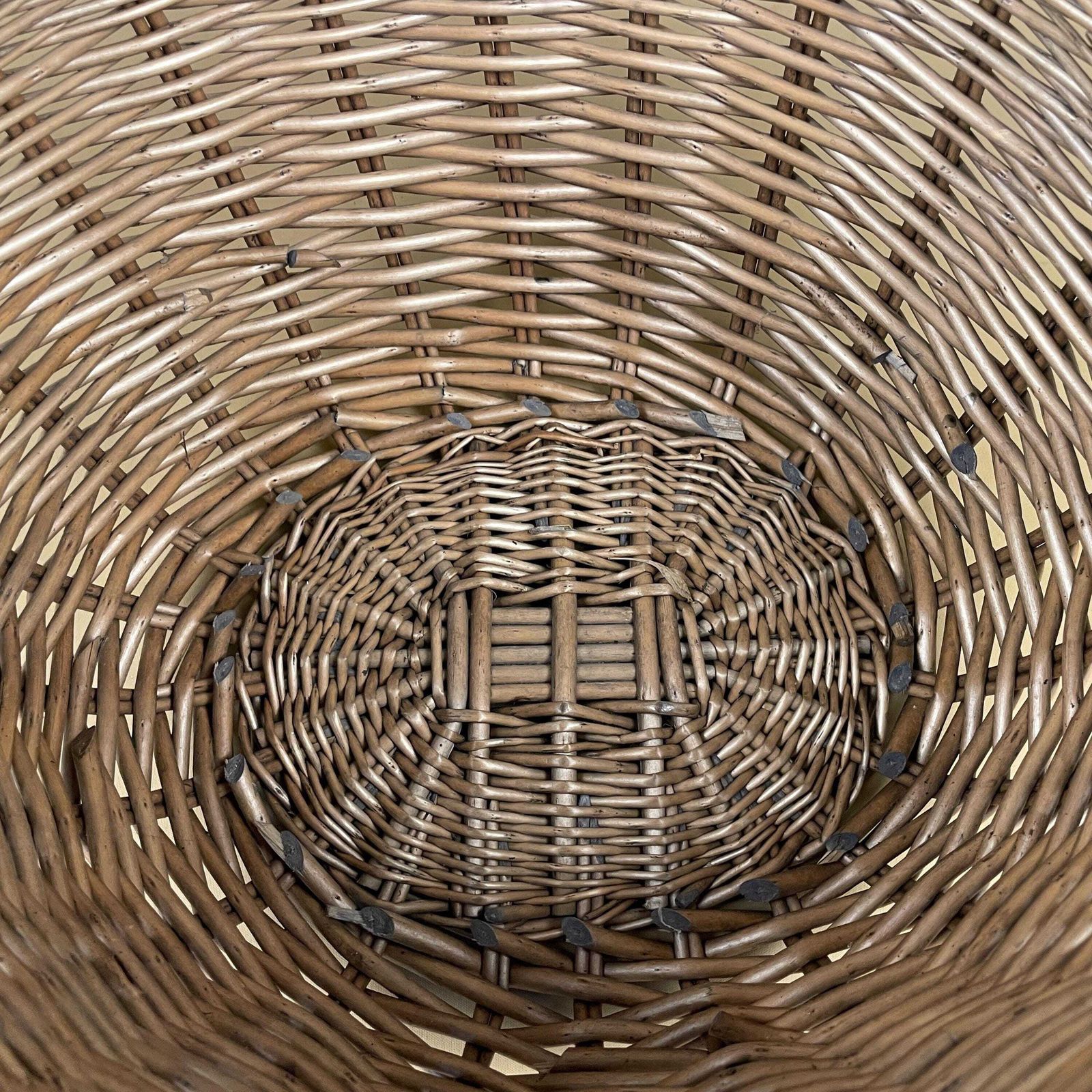 Oval Basket Woven Wicker Handles Log Storage Laundry Carrier Cottage Farmhouse Vintage Antique Handmade Old Traditional Round Medium photo vinterior