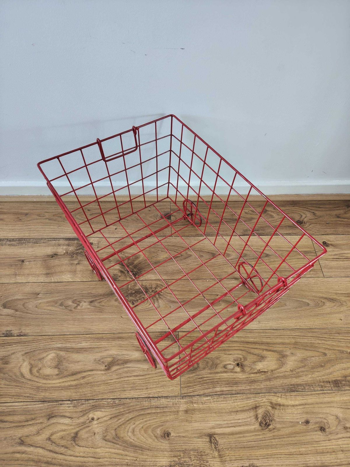 Vintage Red Wire Basket On Wheels, Log Basket, Toy Basket, Towel Basket. photo for sale