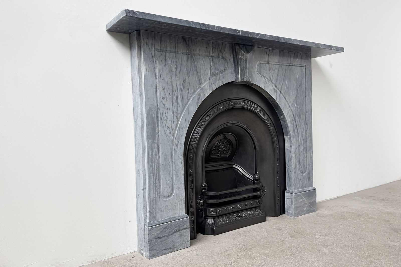 Antique Victorian Arched Grey Marble Fireplace Surround photo for sale