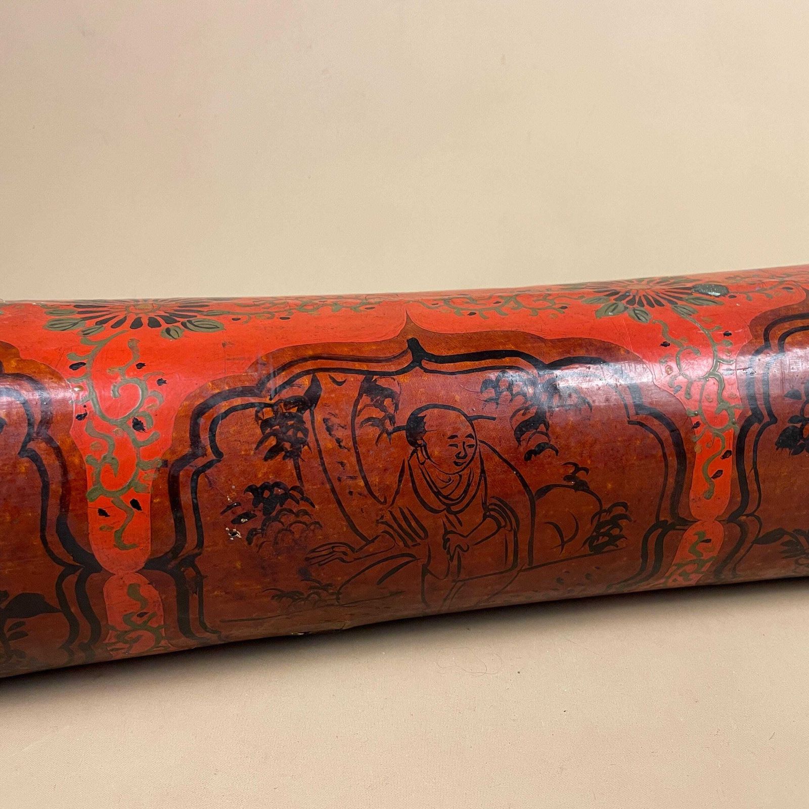 Chinese Lacquer Pillow Headrest Hand Painted Floral Red Black Decor Art C.Mid 19th Century Lacquered Asian Oriental photo for sale