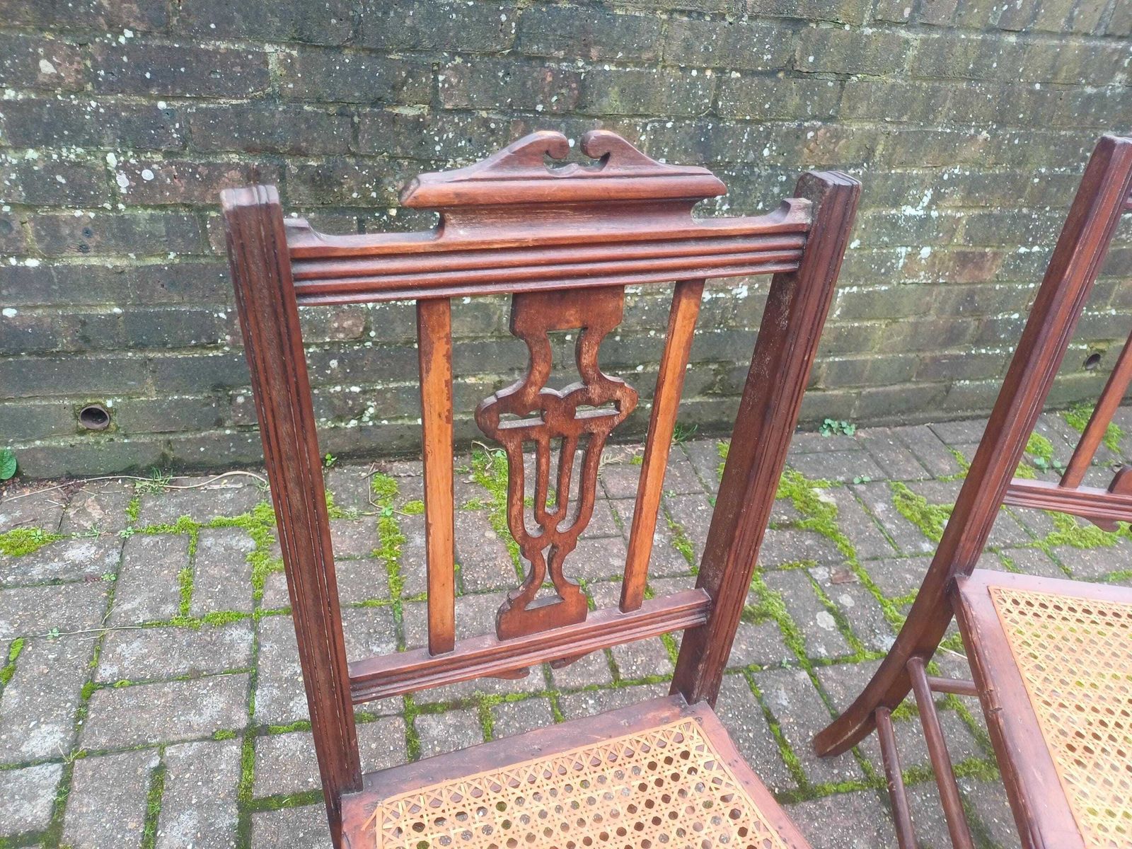 Pair Edwardian Mahogany Lyre Back Cane Seat Chairs Antique Dining Accent Bedroom Hall Carved photo vinterior