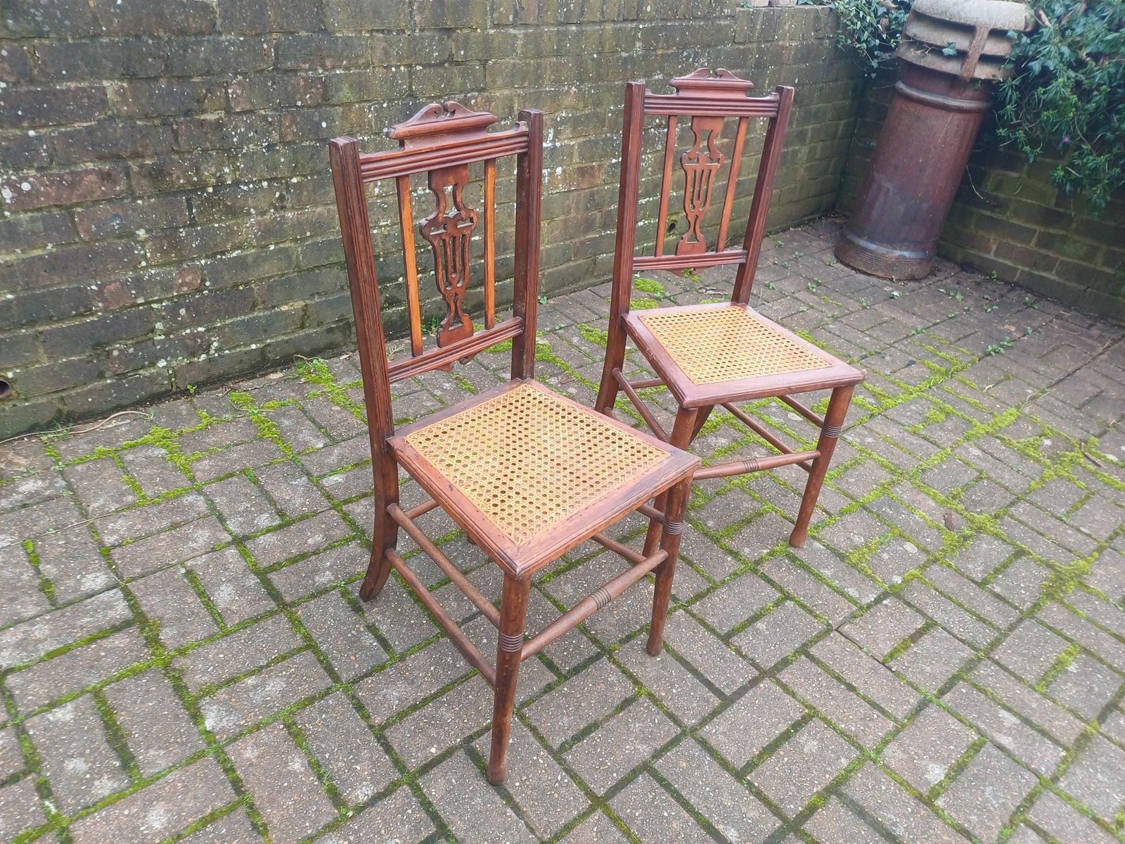 Furniture Pair Edwardian Mahogany Lyre Back Cane Seat Chairs Antique Dining Accent Bedroom Hall Carved photo