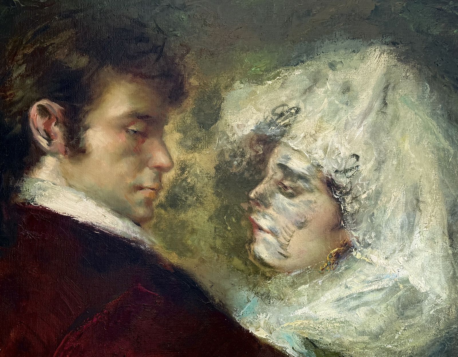 Jose Puyet Mid Century Spanish Romantic Couple Mantilla Portrait Figurative Oil 1970 photo furniture