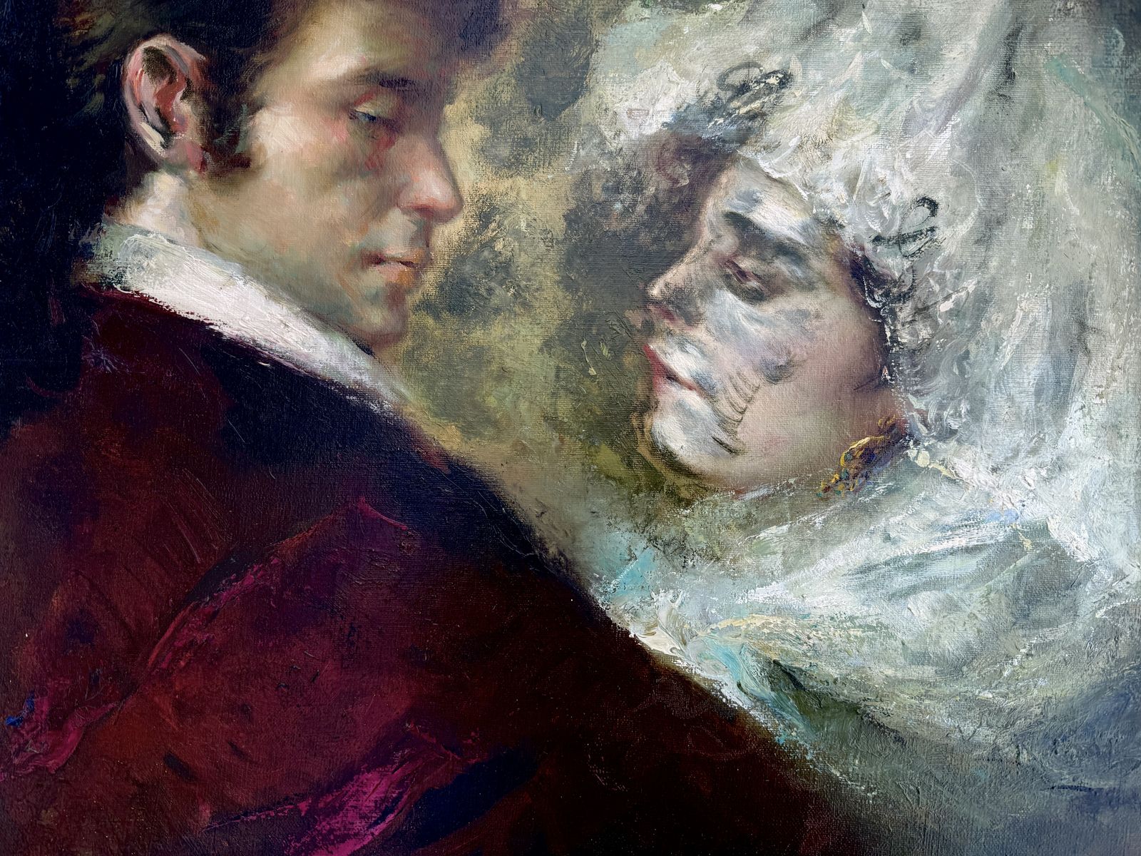 Jose Puyet Mid Century Spanish Romantic Couple Mantilla Portrait Figurative Oil 1970 photo buy