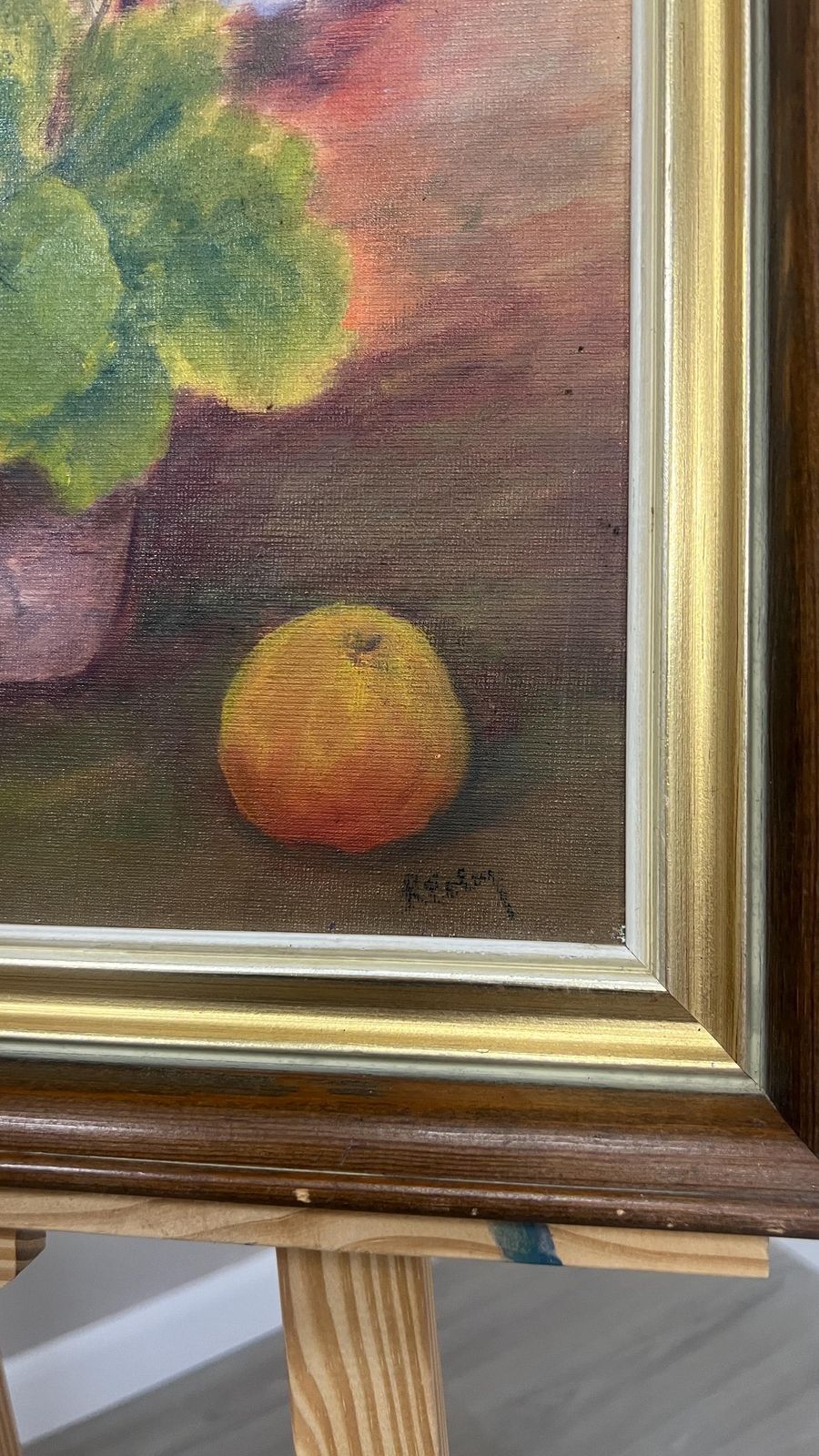 Signed Mid Century Oil Painting Still Life Flowers And Fruit Framed Picture 1980s photo furniture