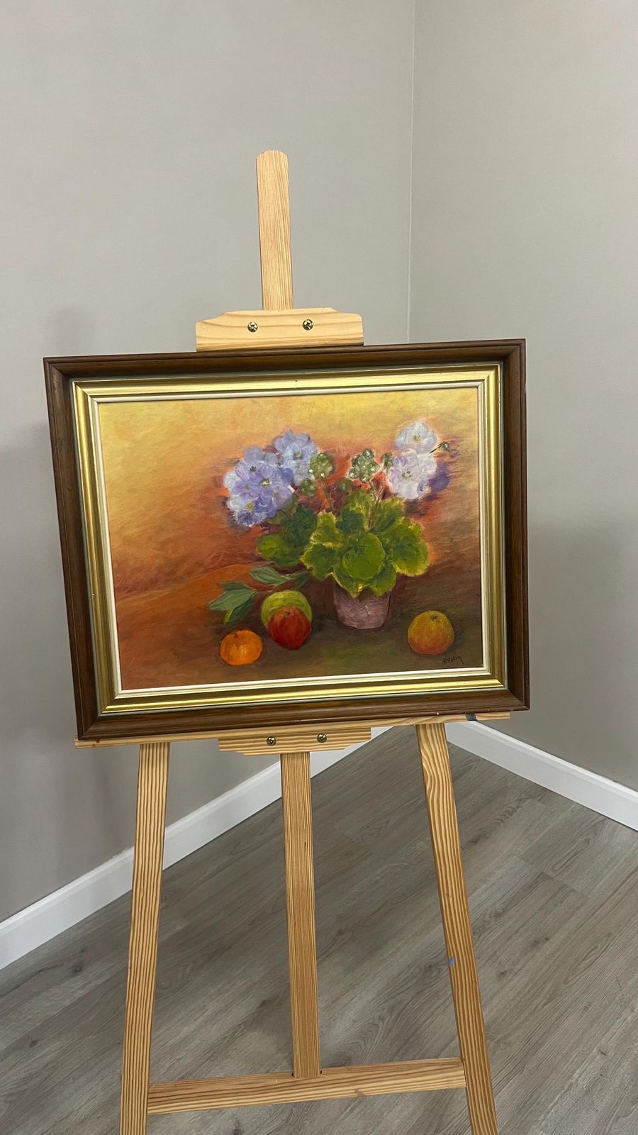 Signed Mid Century Oil Painting Still Life Flowers And Fruit Framed Picture 1980s photo vintage