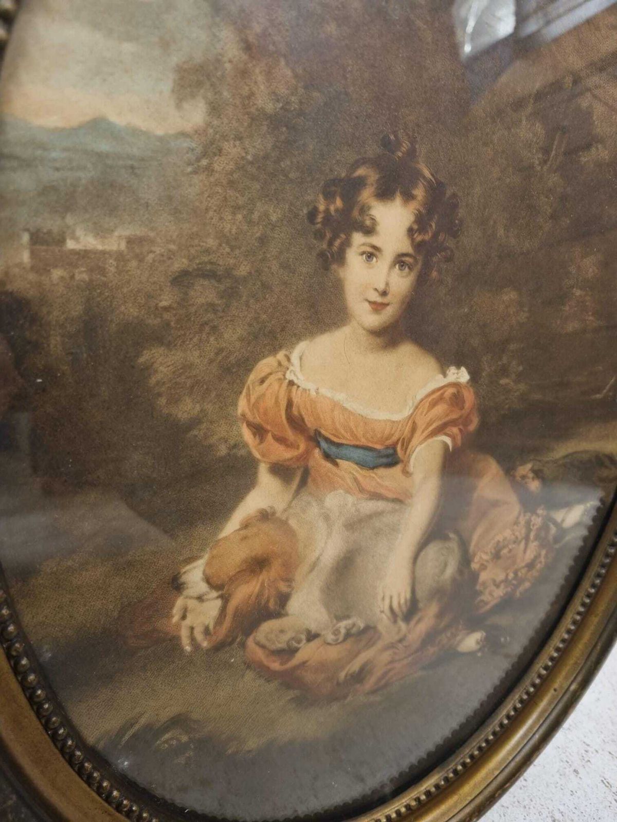 Antique Oval Framed Print / Romantic Portrait With Dog / C.1910 photo for sale