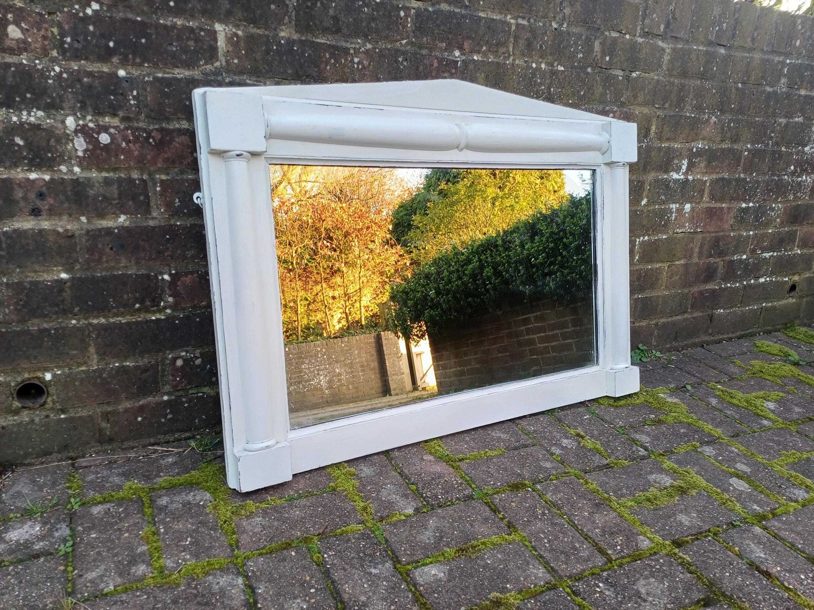 Victorian Over Mantel Mirror Farrow And Ball Wimborne White Distressed Finish Mahogany Frame Original Glass Elegant photo for sale