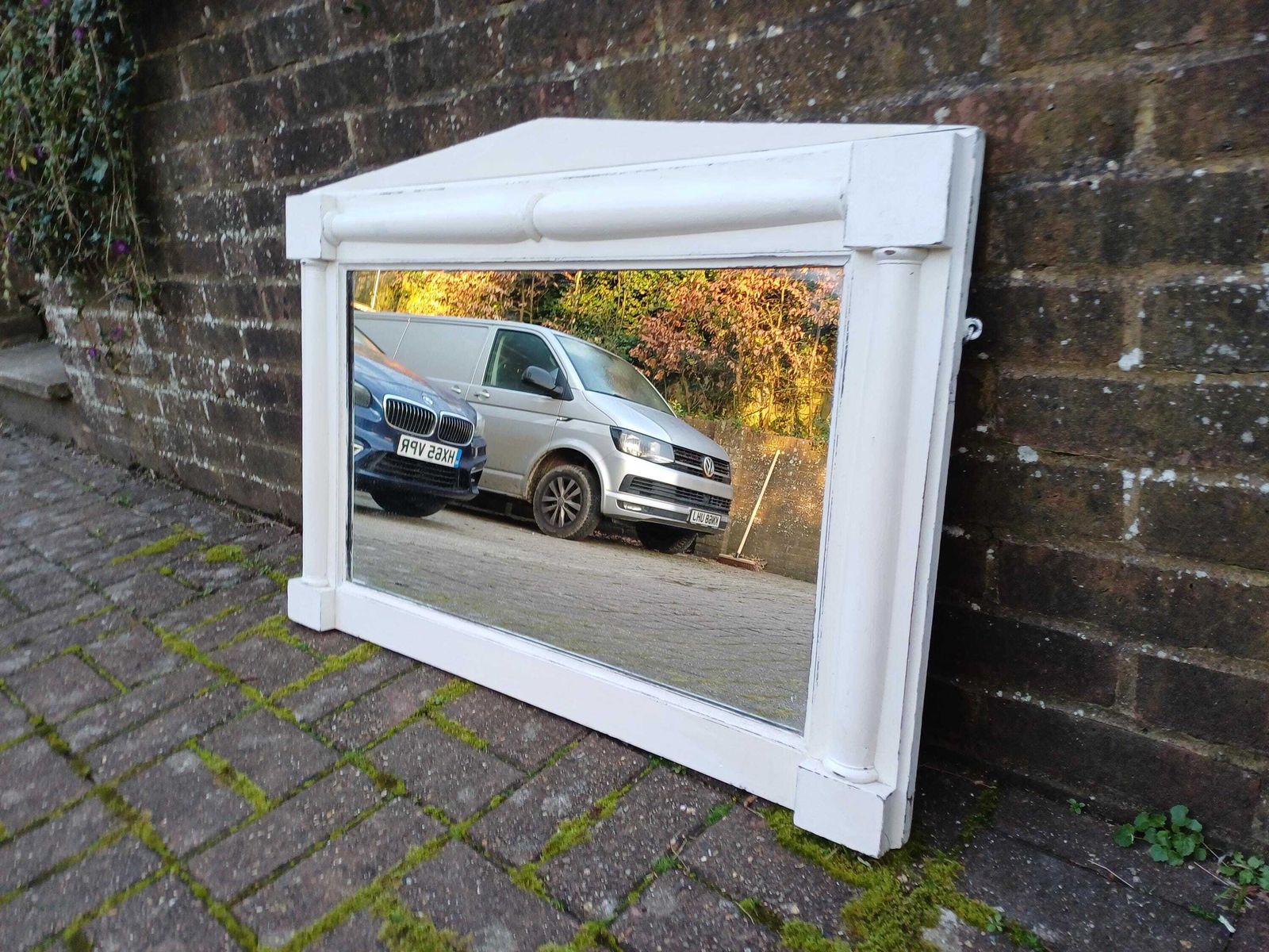 395.0 Victorian Over Mantel Mirror Farrow And Ball Wimborne White Distressed Finish Mahogany Frame Original Glass Elegant photo