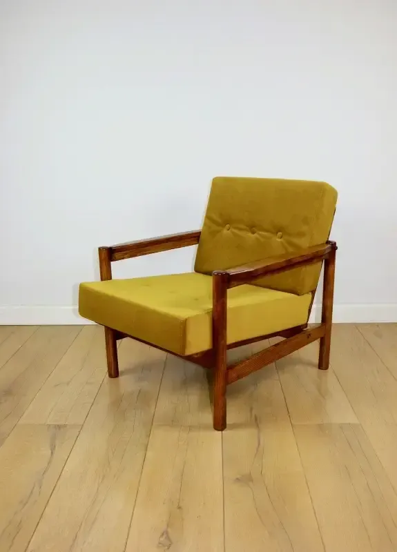 Wooden Armchair Designed By Z. Baczyk, Vintage Brown, Yellow And Olive photo Furniture