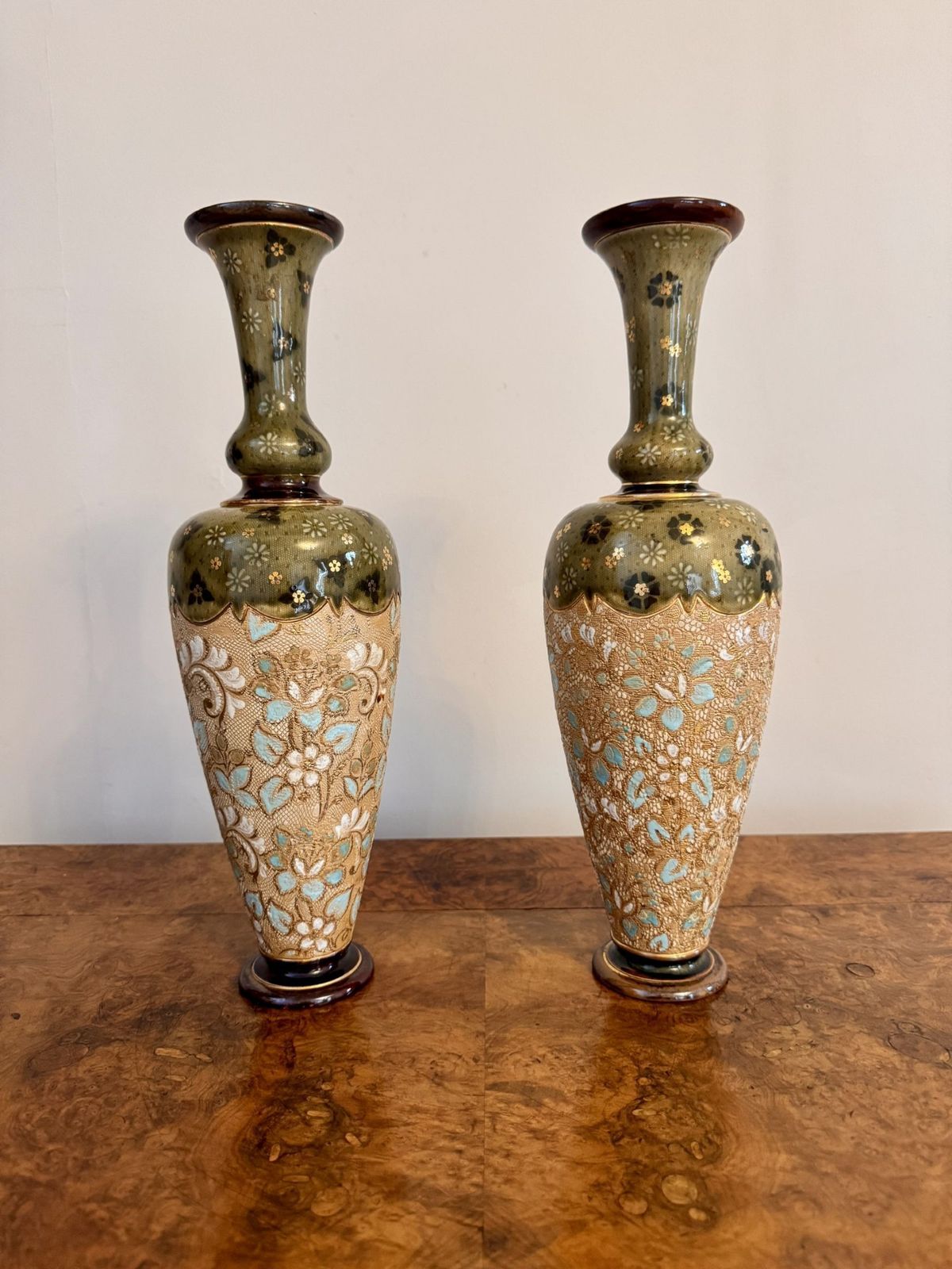Elegant Quality Pair Of Antique Doulton Lambeth Vases