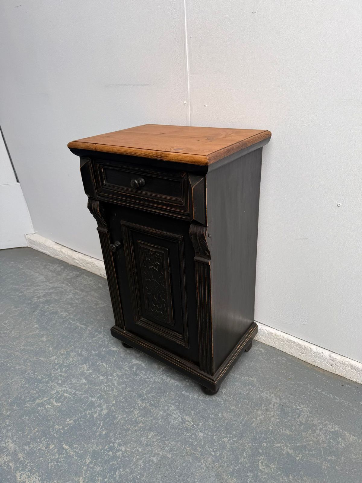 A Beautifully Painted Black Pine & Oak Carved Victorian Bedside Cabinet