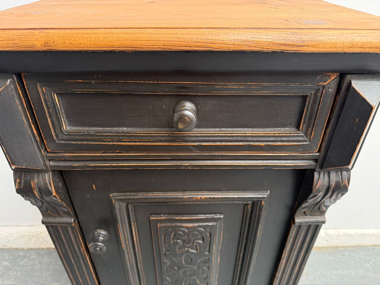 A Beautifully Painted Black Pine & Oak Carved Victorian Bedside Cabinet photo Furniture
