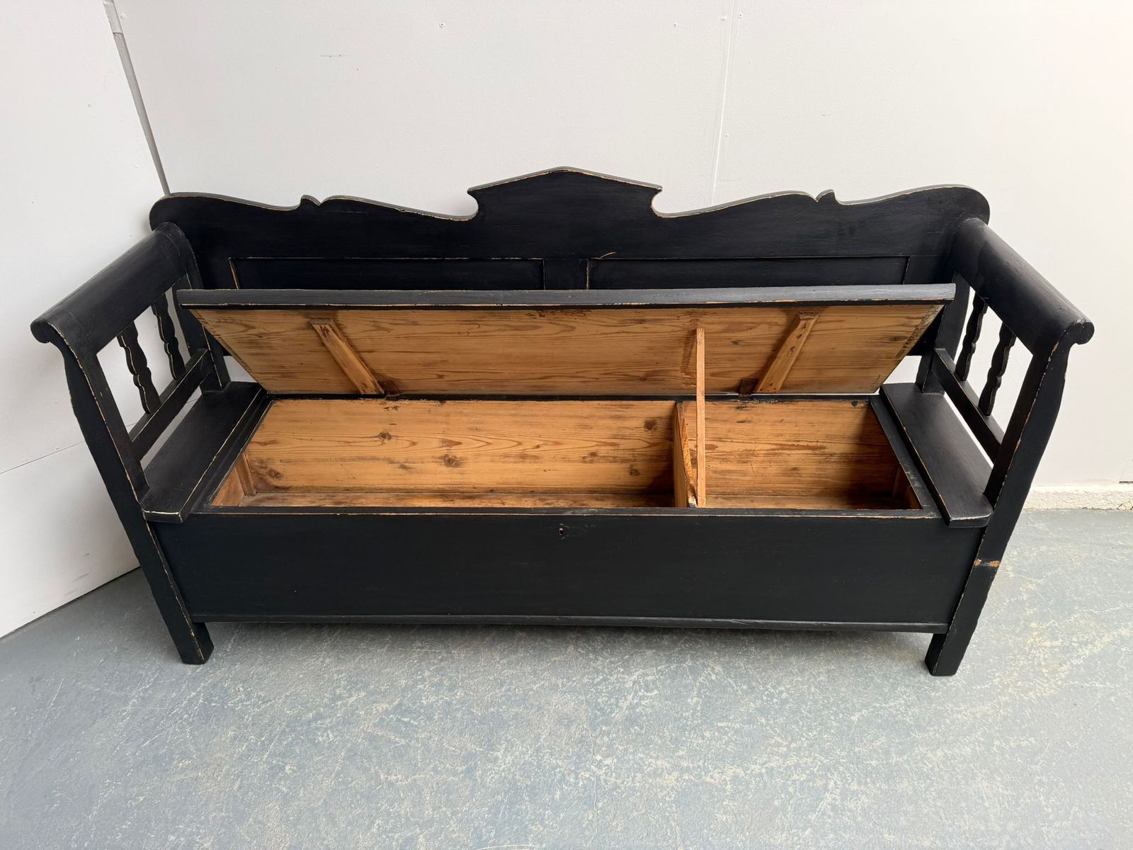 A Genuine Hungarian Pine Painted Black Victorian 3 Seater Bench photo vintage