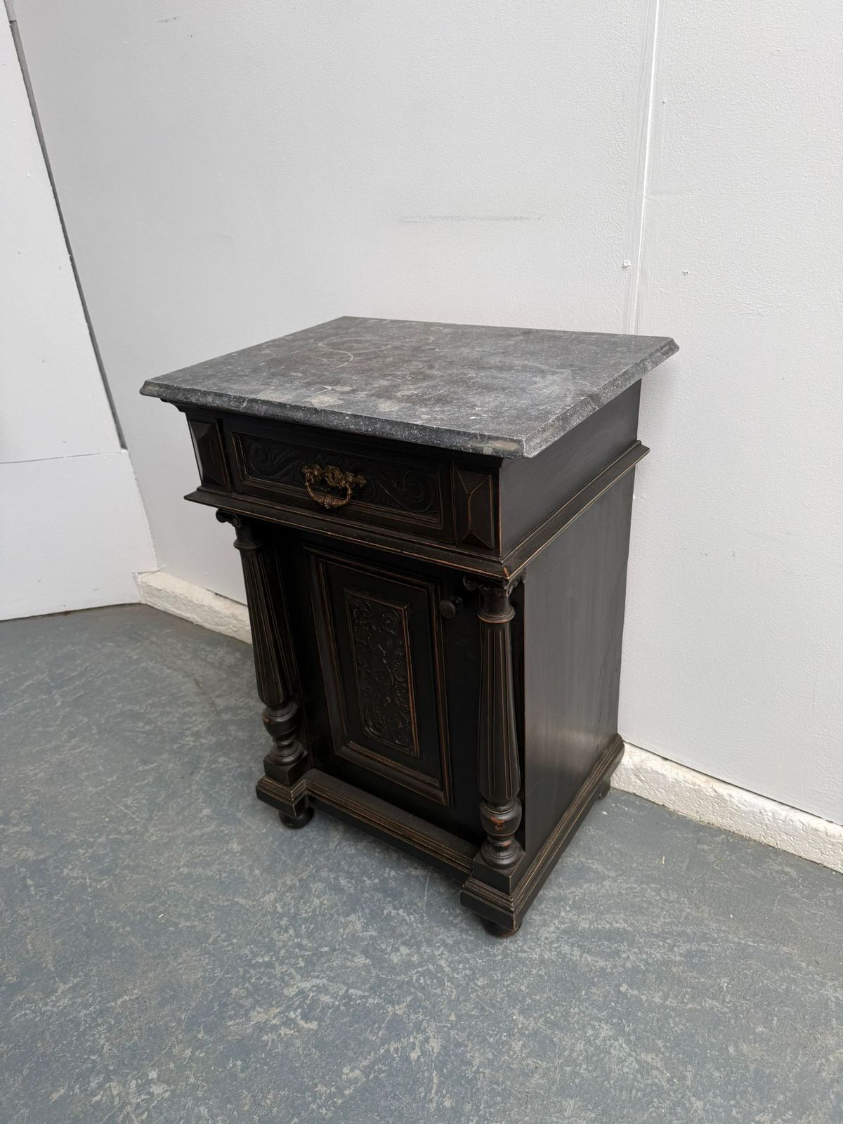 An Original Hungarian Antique Pine & Oak Painted Black Columned Bedside Cabinet