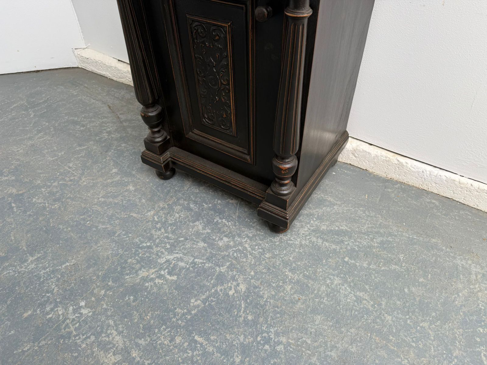 An Original Hungarian Antique Pine & Oak Painted Black Columned Bedside Cabinet photo furniture