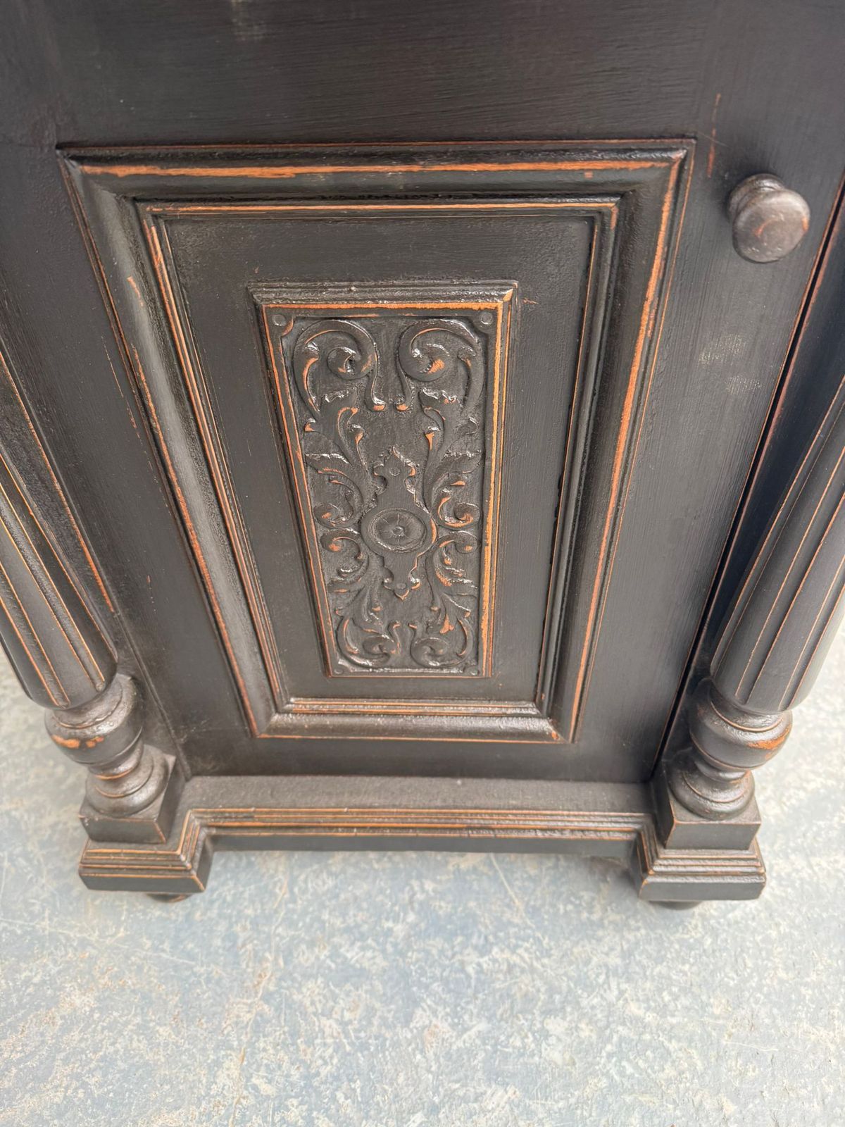 An Original Hungarian Antique Pine & Oak Painted Black Columned Bedside Cabinet photo vintage