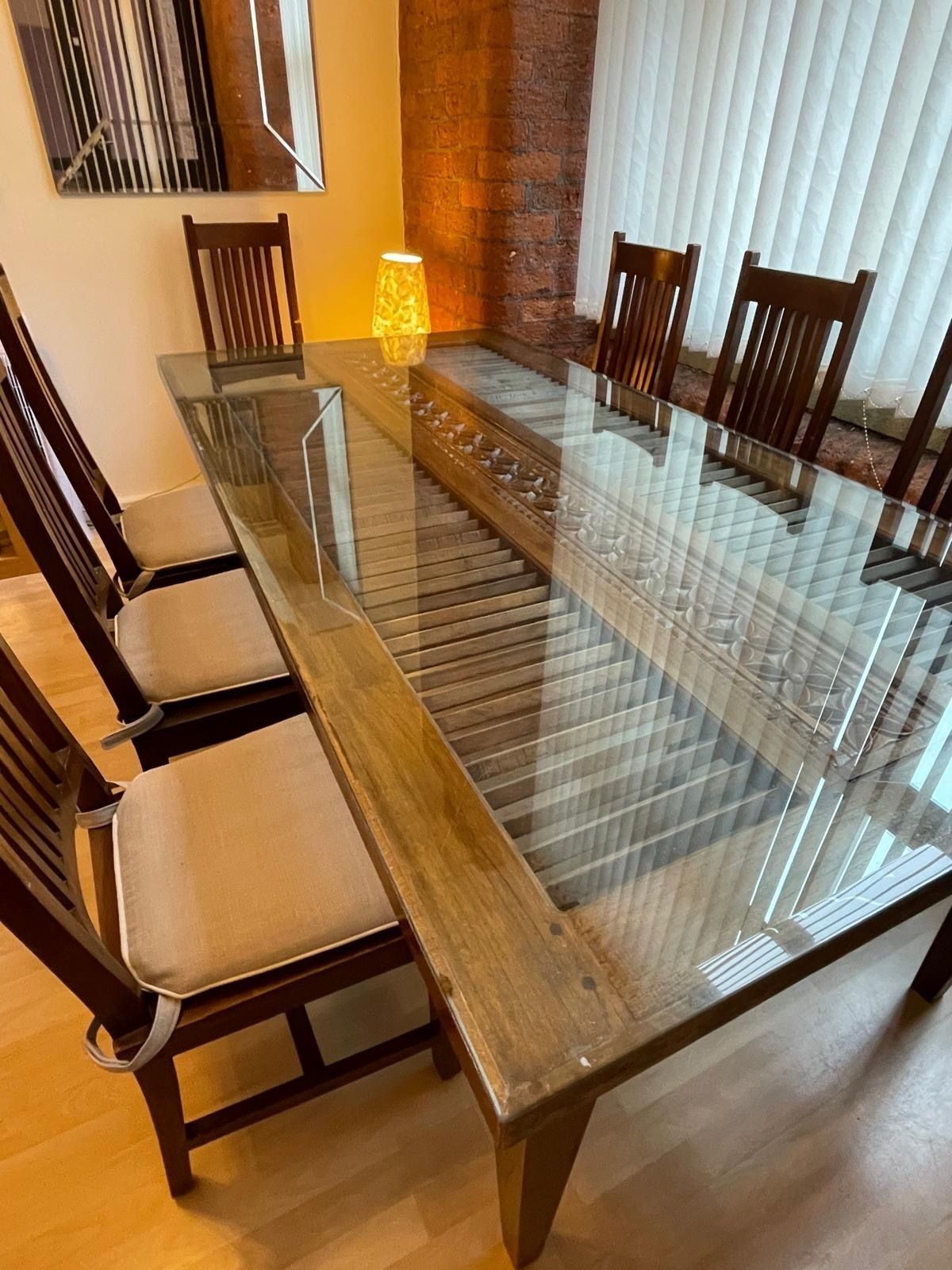 Stunning, One Of A Kind Indonesian Teak Dining Table Imported From Bali. With Intricate Carved Details. Includes 8 Matching Chairs With Beautifully Coordinated Upholstery. photo furniture