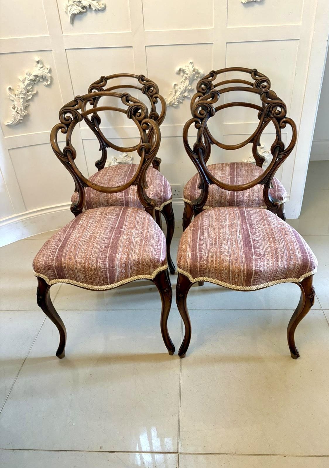 Antique 19th Century Carved Walnut Balloon Back Dining Chairs Set Of Four photo furniture