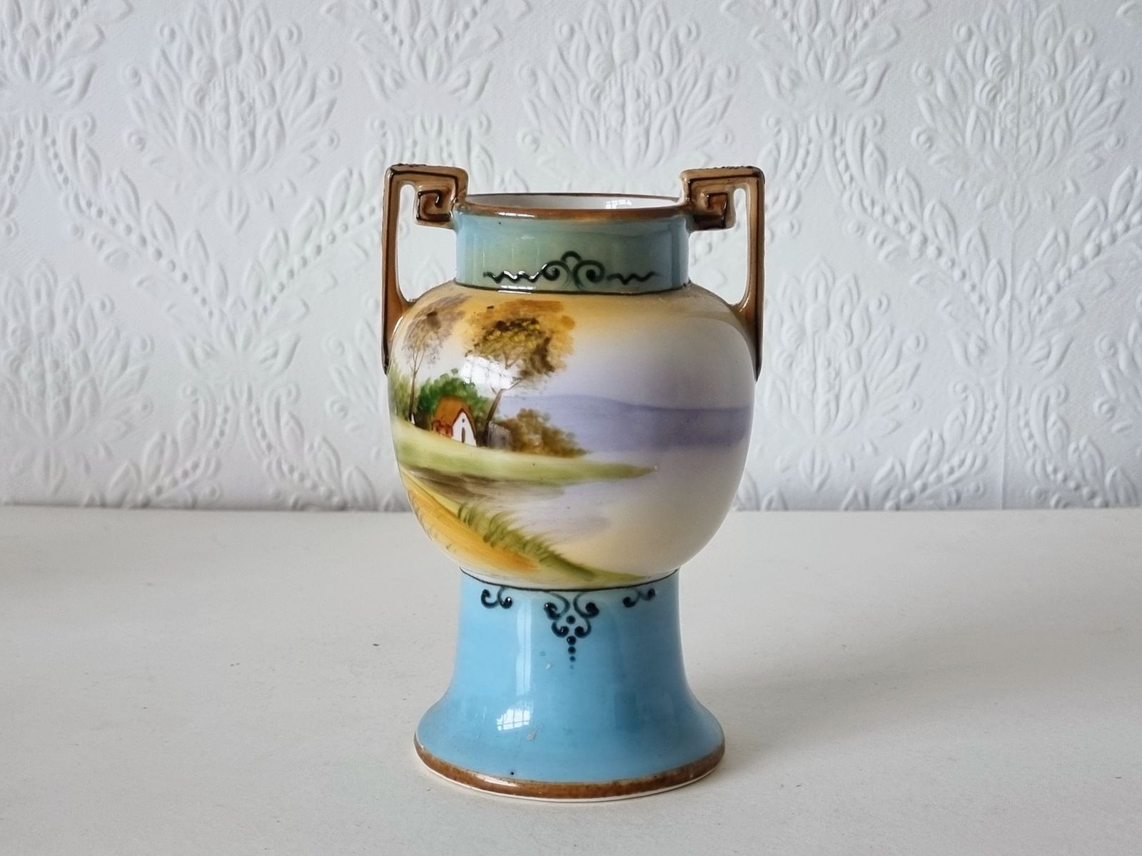 Art Deco Handled Vase, Noritake Japan Porcelain, Scenic Landscape Urn, Twin Handle Pedestal, 1930s Ceramic Decor