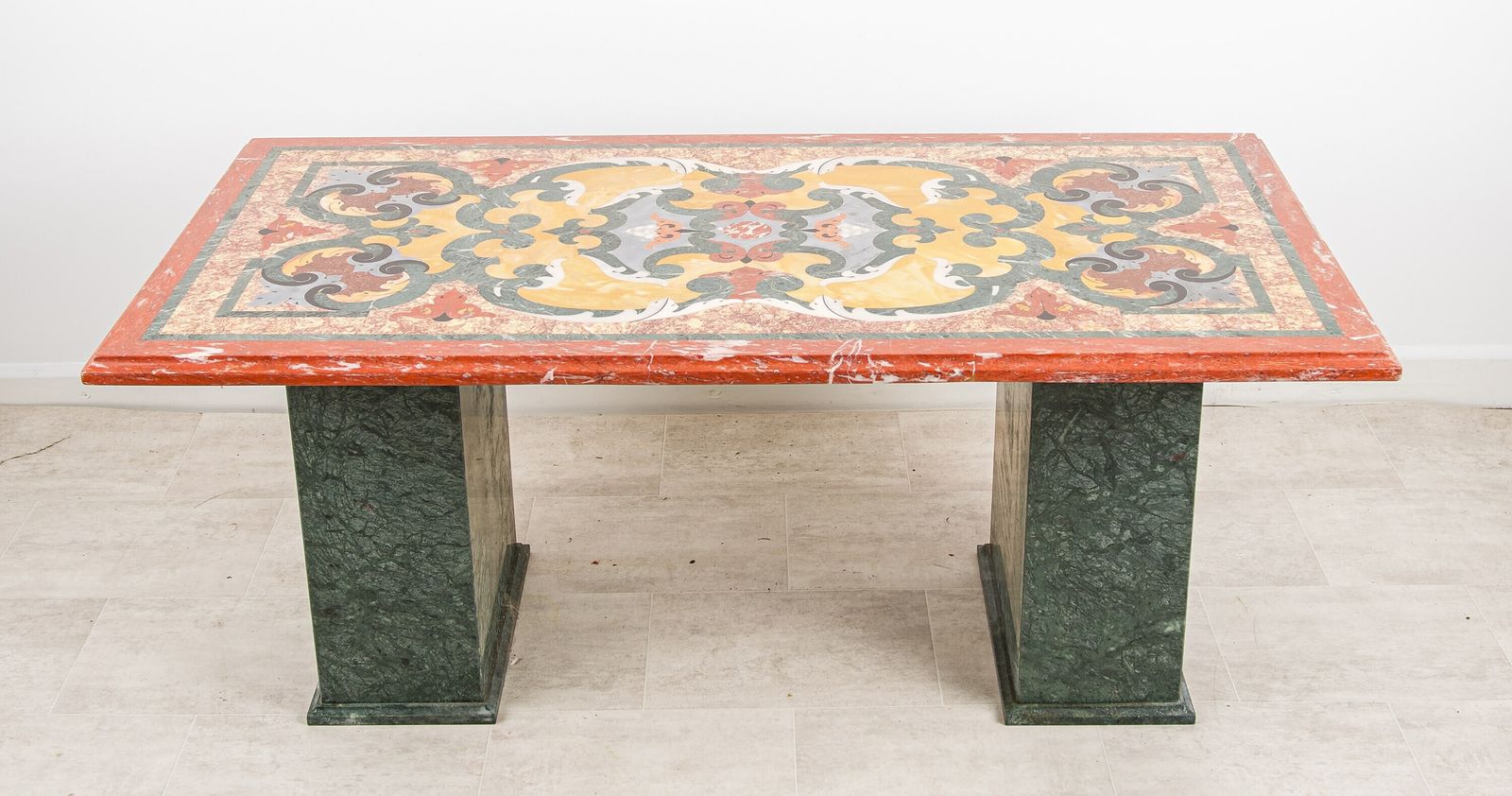 Vintage Marble Coffee Occasional Table   Italian Style Inlaid Marble Top & Green Marble Base