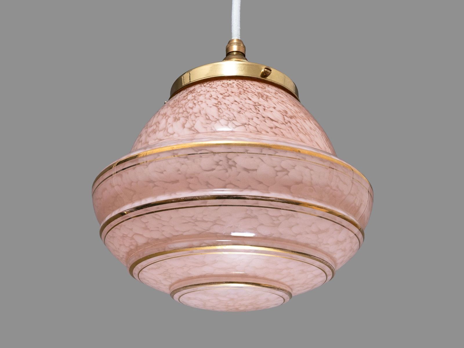 1930s Pink Glass Pendant Shade – Gold Bands, Art Deco Lighting Home Decor photo Lighting