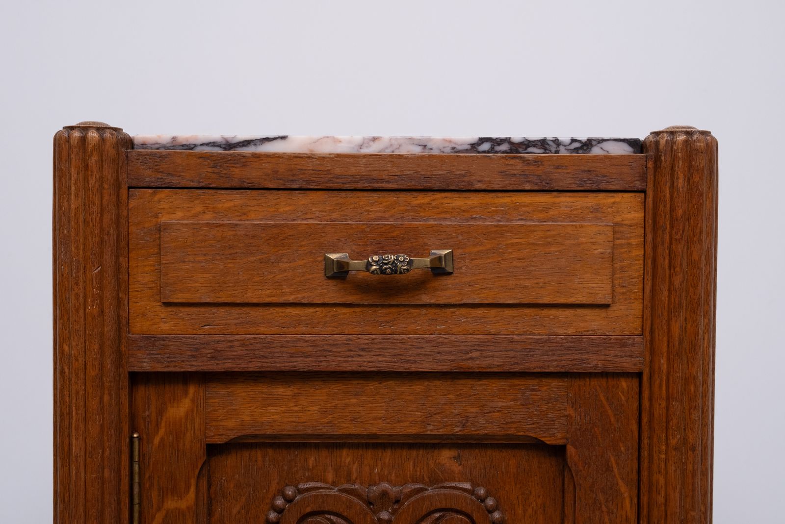 Art Nouveau Nightstand, Solid Oak & Marble Top, Hand Carved, 1920s photo furniture