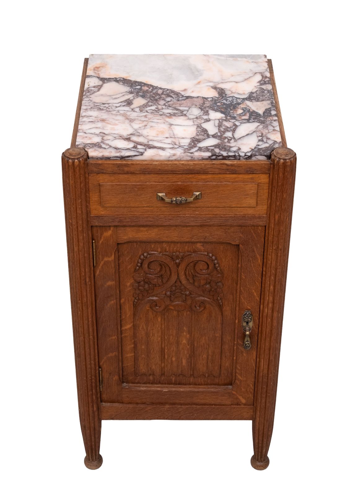 Art Nouveau Nightstand, Solid Oak & Marble Top, Hand Carved, 1920s photo Furniture