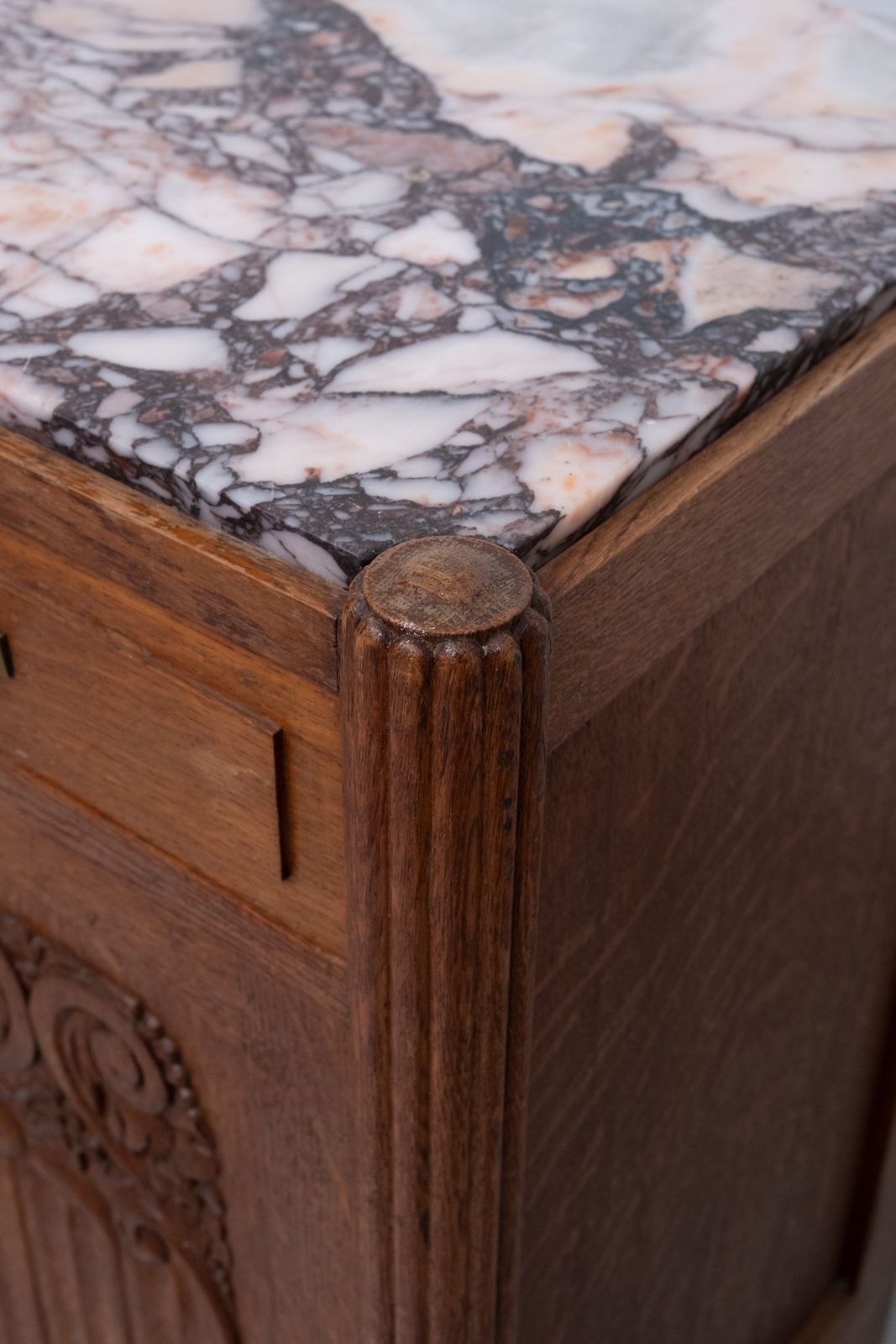 photo furniture Art Nouveau Nightstand, Solid Oak & Marble Top, Hand Carved, 1920s