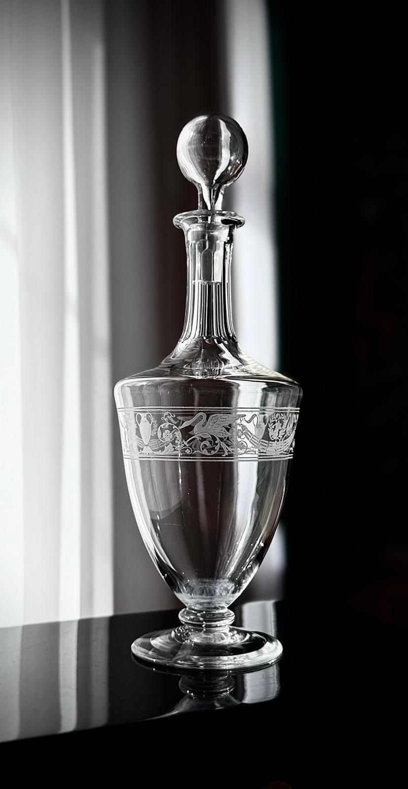 French Baccarat Cognac Decanter With Swan Engraving, 1920s photo furniture