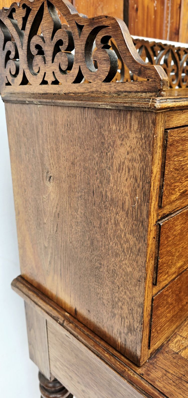 Antique French Oak Notaire's Desk With Bank Of Lockable Drawers & Carved Fretwork. photo vintage
