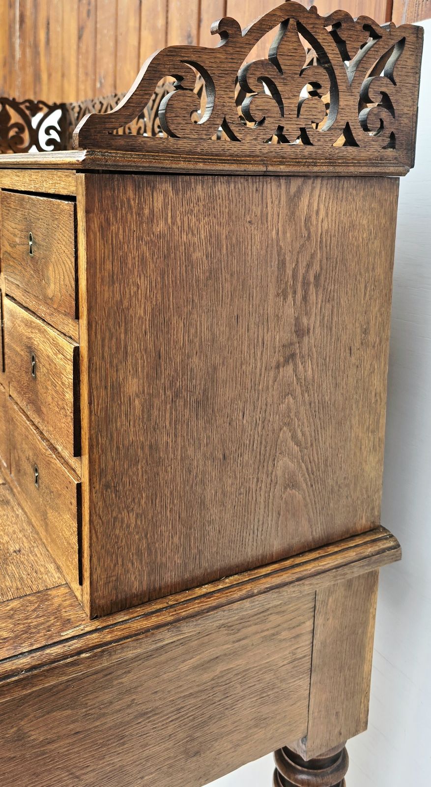 photo furniture Antique French Oak Notaire's Desk With Bank Of Lockable Drawers & Carved Fretwork.