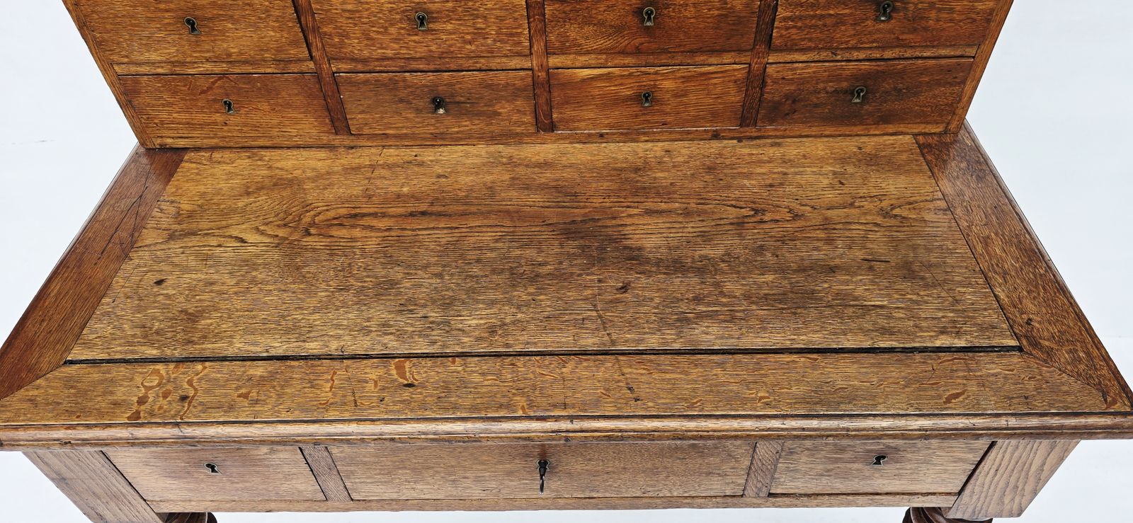 photo vinterior Antique French Oak Notaire's Desk With Bank Of Lockable Drawers & Carved Fretwork.