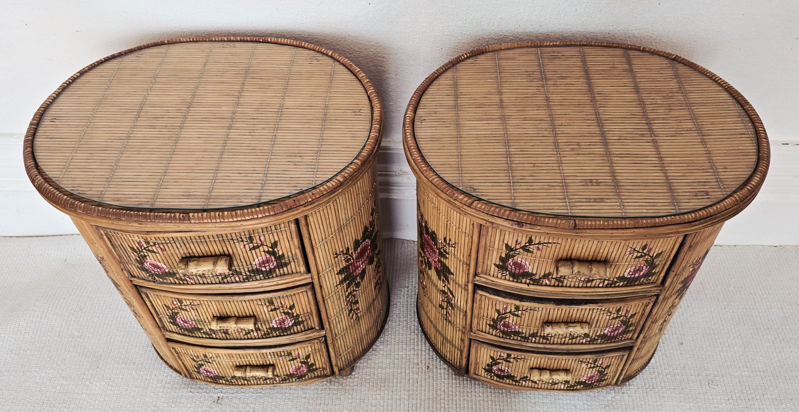 A Pair Of French Or Italian Painted Rattan Bedside Tables, Bedroom Set. photo for sale