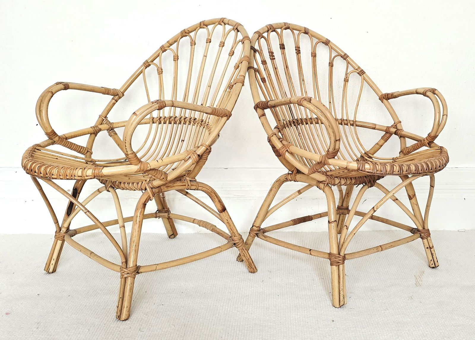 A Pair Of Mid Century French Bamboo Clam Shell Chairs, Riviera. photo Furniture