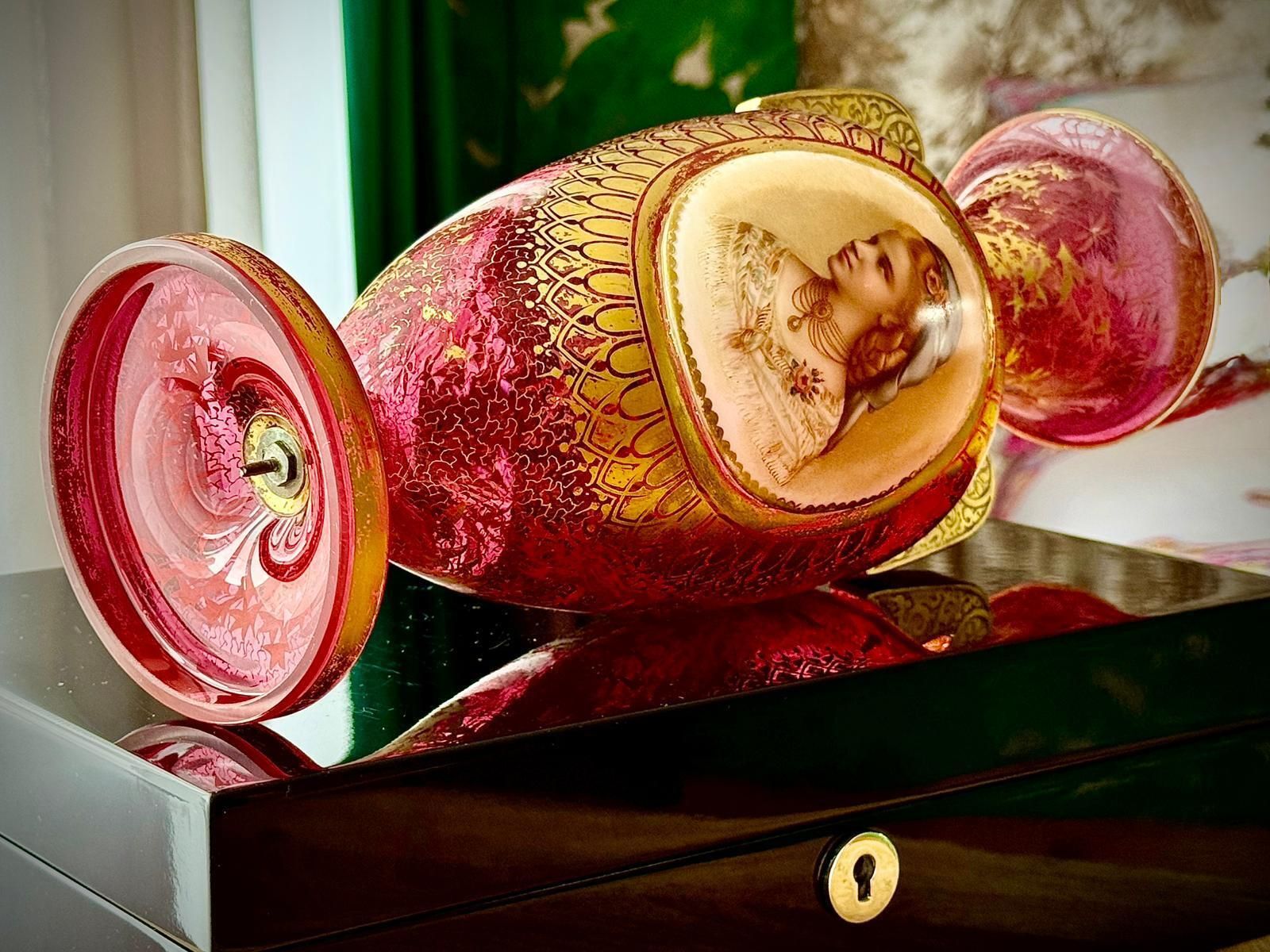 19th Century Bohemian Ruby Glass Urn Vase, Attributed Moser, Hand Painted Portrait, C.1880 photo furniture