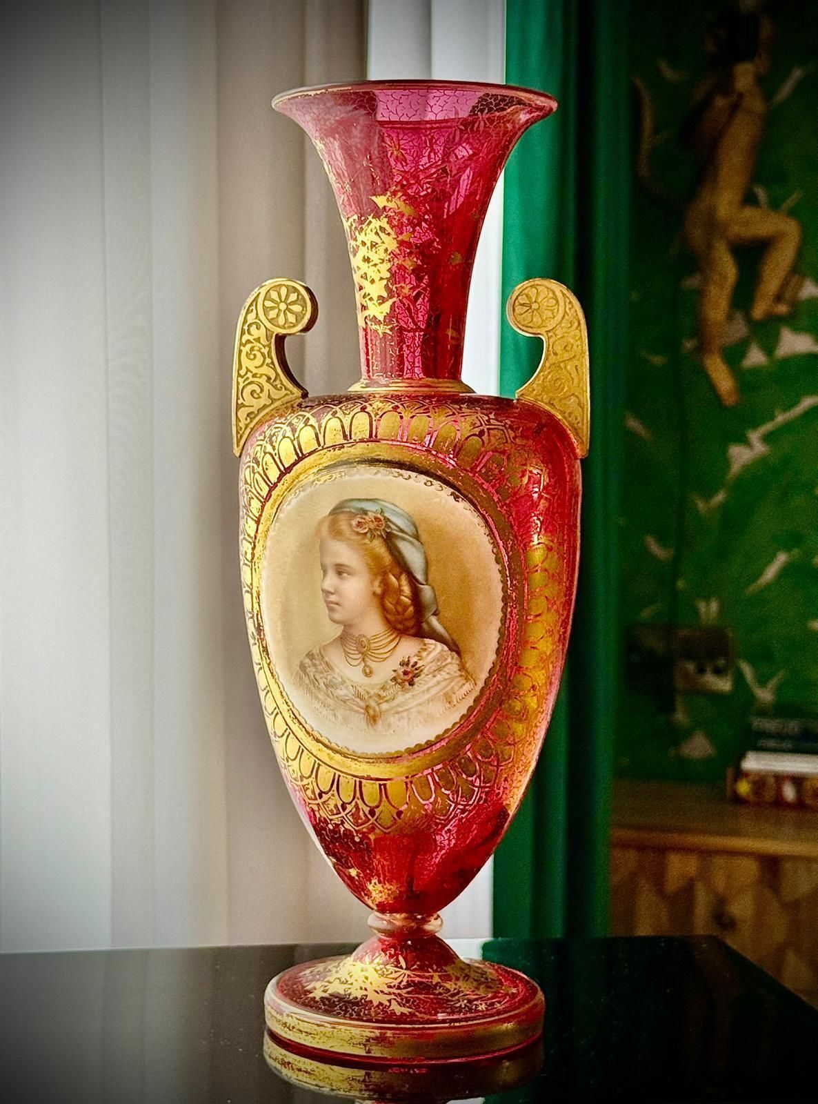 19th Century Bohemian Ruby Glass Urn Vase, Attributed Moser, Hand Painted Portrait, C.1880 photo Home Decor