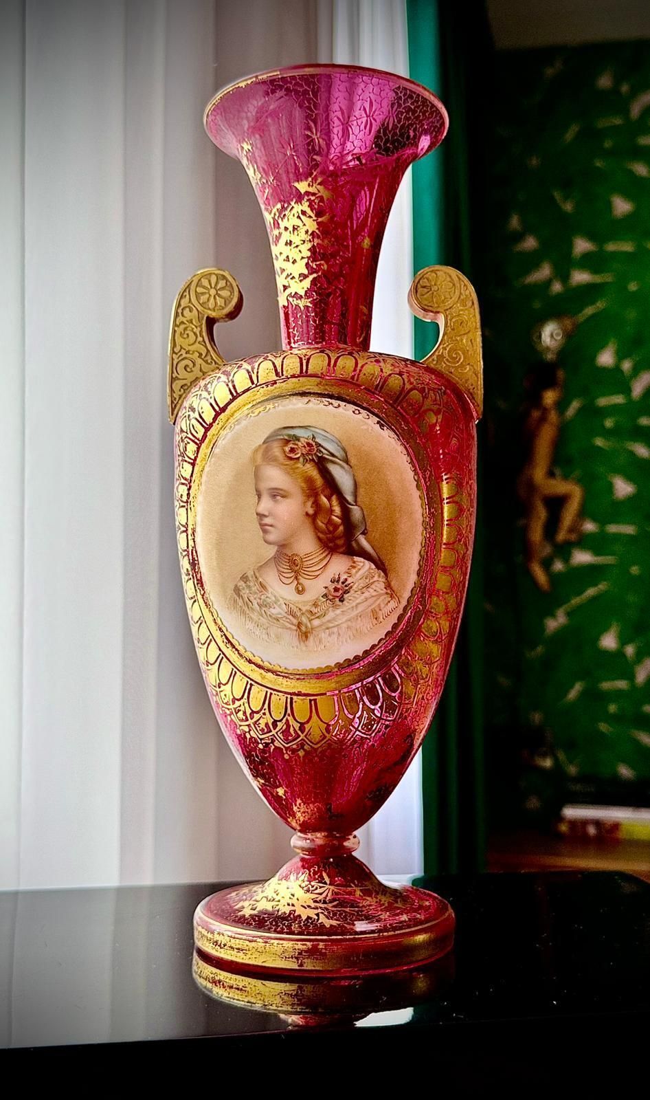 Home Decor 19th Century Bohemian Ruby Glass Urn Vase, Attributed Moser, Hand Painted Portrait, C.1880 photo