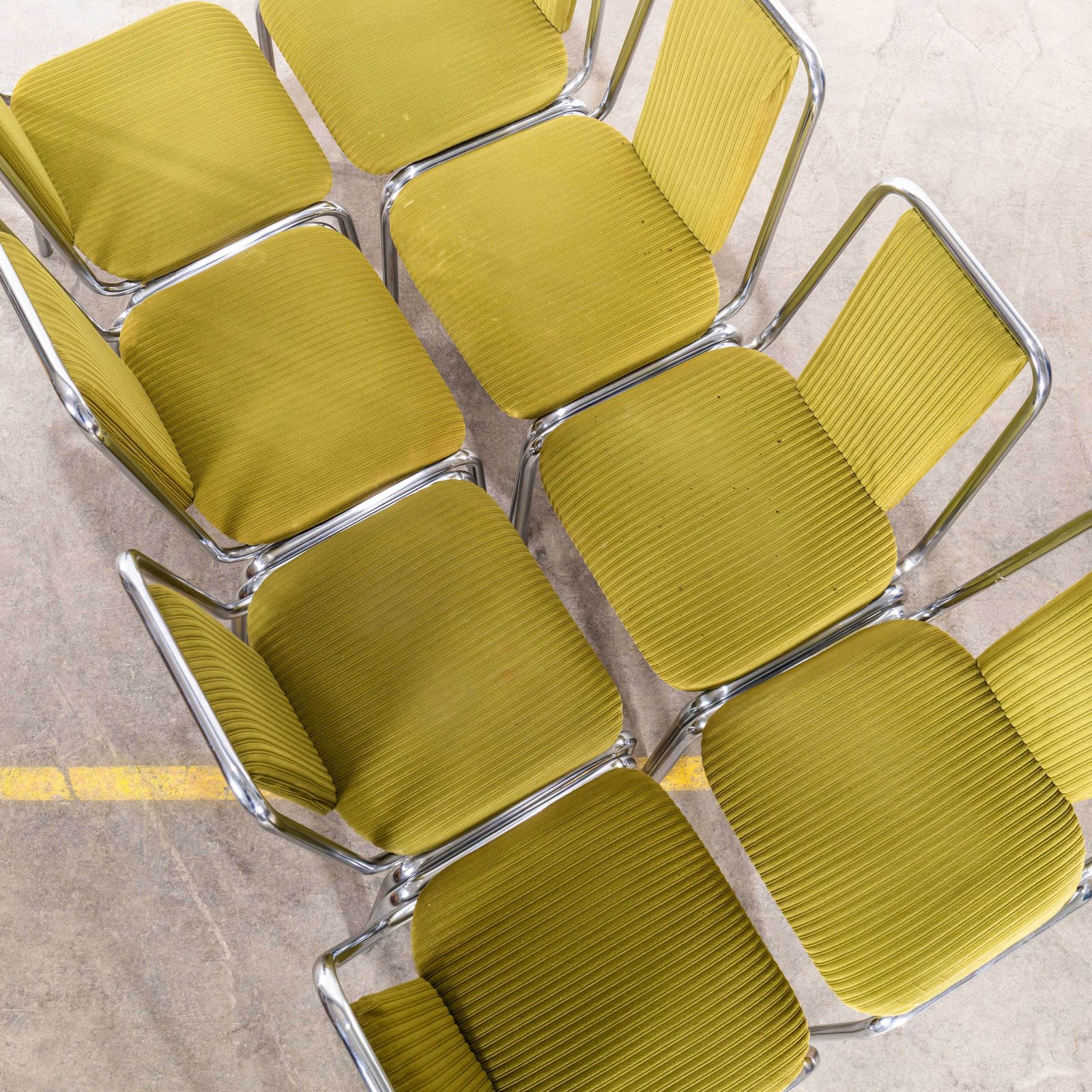 1980’s Olive Green Upholstered Chrome Framed Stacking Dining Chairs – Set Of Eight photo vinterior