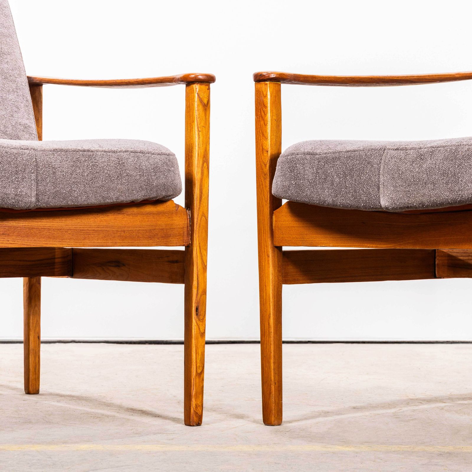 1950’s Mid Century Upholstered Grey Brushed Cotton Armchairs With Straight Arms And Top Caps photo 395.0
