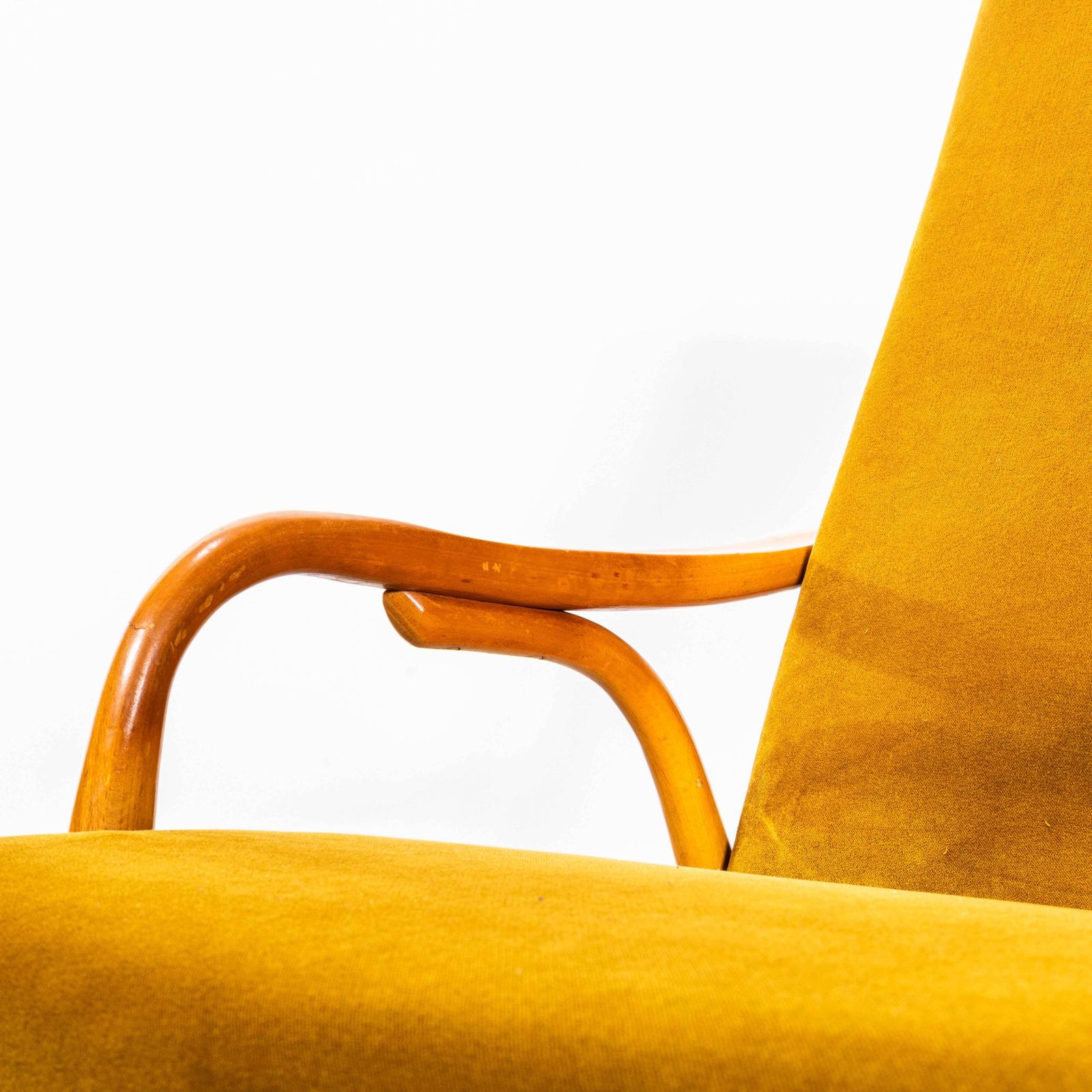 1950’s Mid Century Upholstered Mustard Cotton Velvet Armchairs With Straight Arms And Top Caps photo Furniture