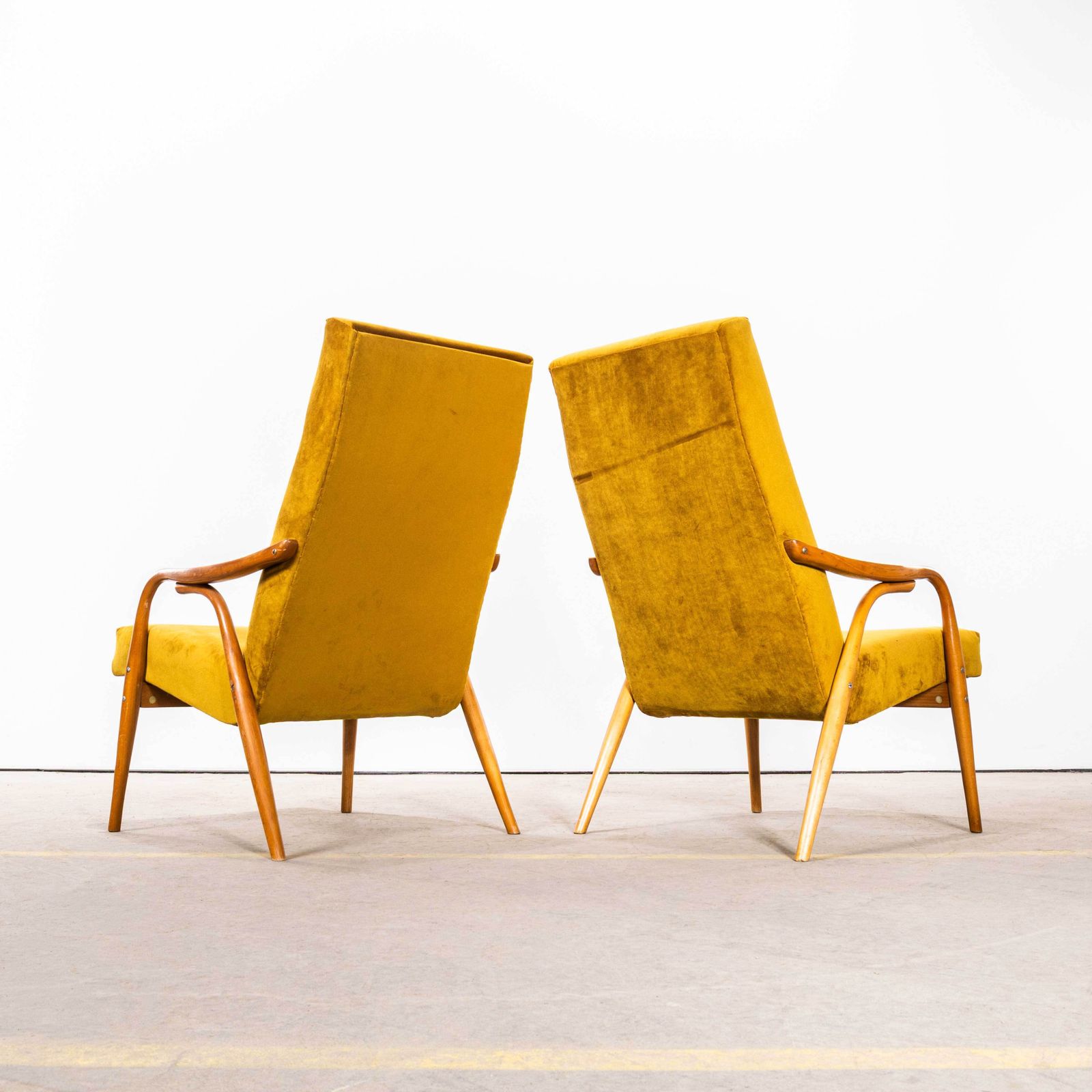 1950’s Mid Century Upholstered Mustard Cotton Velvet Armchairs With Straight Arms And Top Caps photo vinterior