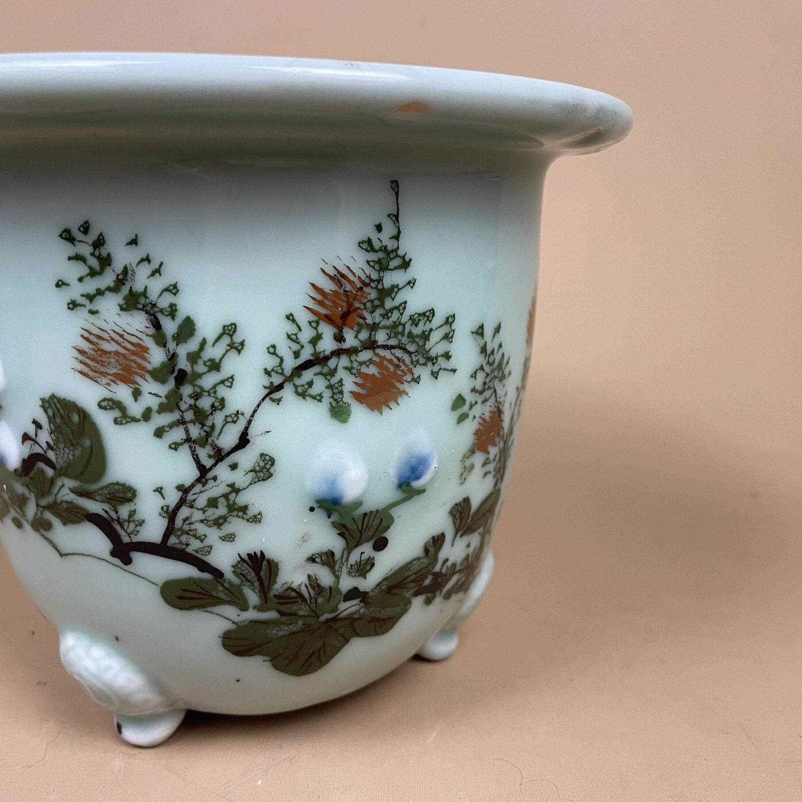 Oriental Celadon Jardiniere Hand Painted Ceramic Pot Planter Chinese Antique Cache Decorative Vase Flowerpot Display Asian Floral Feet photo 195.0