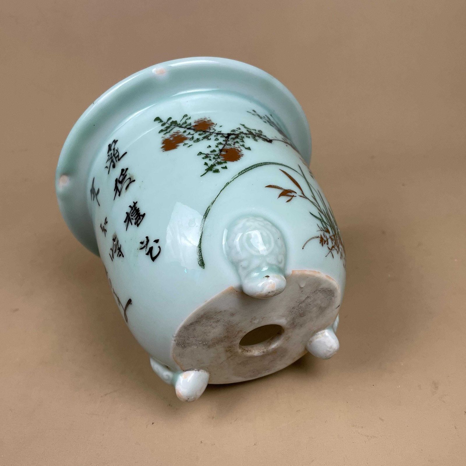 Home Decor Oriental Celadon Jardiniere Hand Painted Ceramic Pot Planter Chinese Antique Cache Decorative Vase Flowerpot Display Asian Floral Feet photo